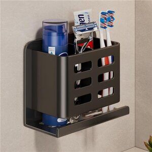 Black Wall Toothbrush Holder Aluminum Bathroom Storage Rack No Drilling Toothpas
